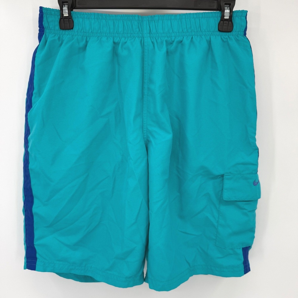 Nike Swim Trunks Mens Medium Teal Blue NESSA564 Cargo Pocket Colorblock Athletic